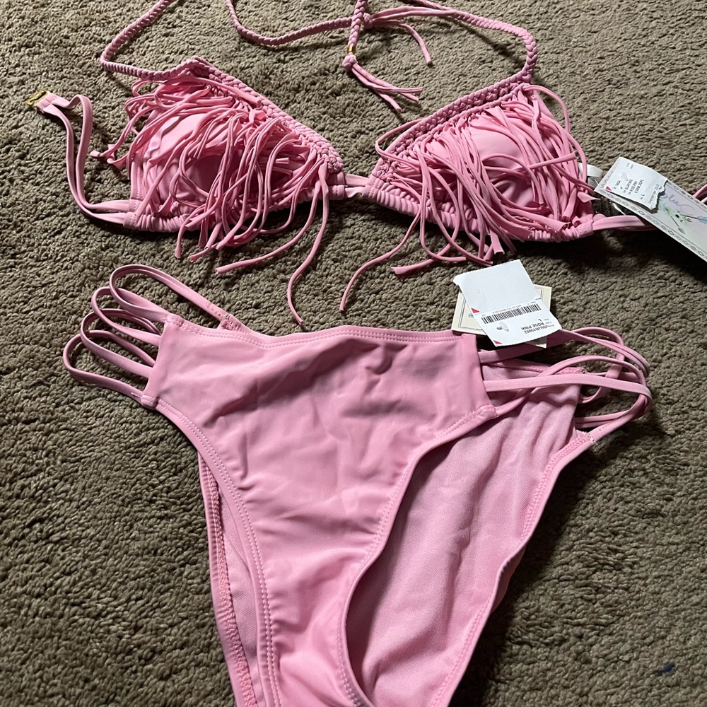 Size large 2 piece pink fringe swimsuit